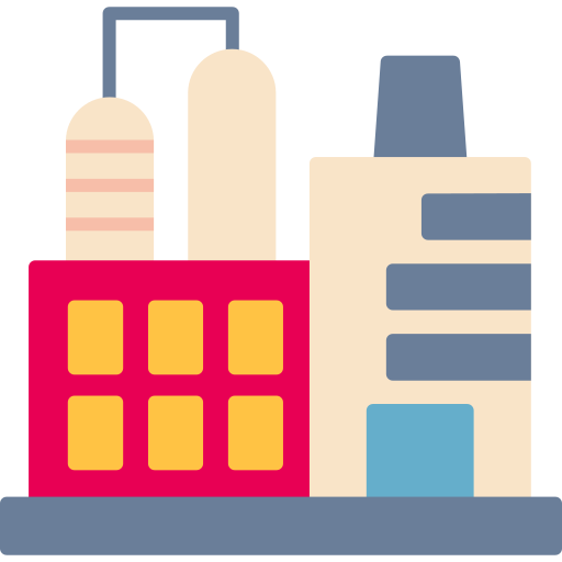 Ein stilisiertes flaches Icon eines Fabrikgebäudes mit Industrietürmen und Schornsteinen.