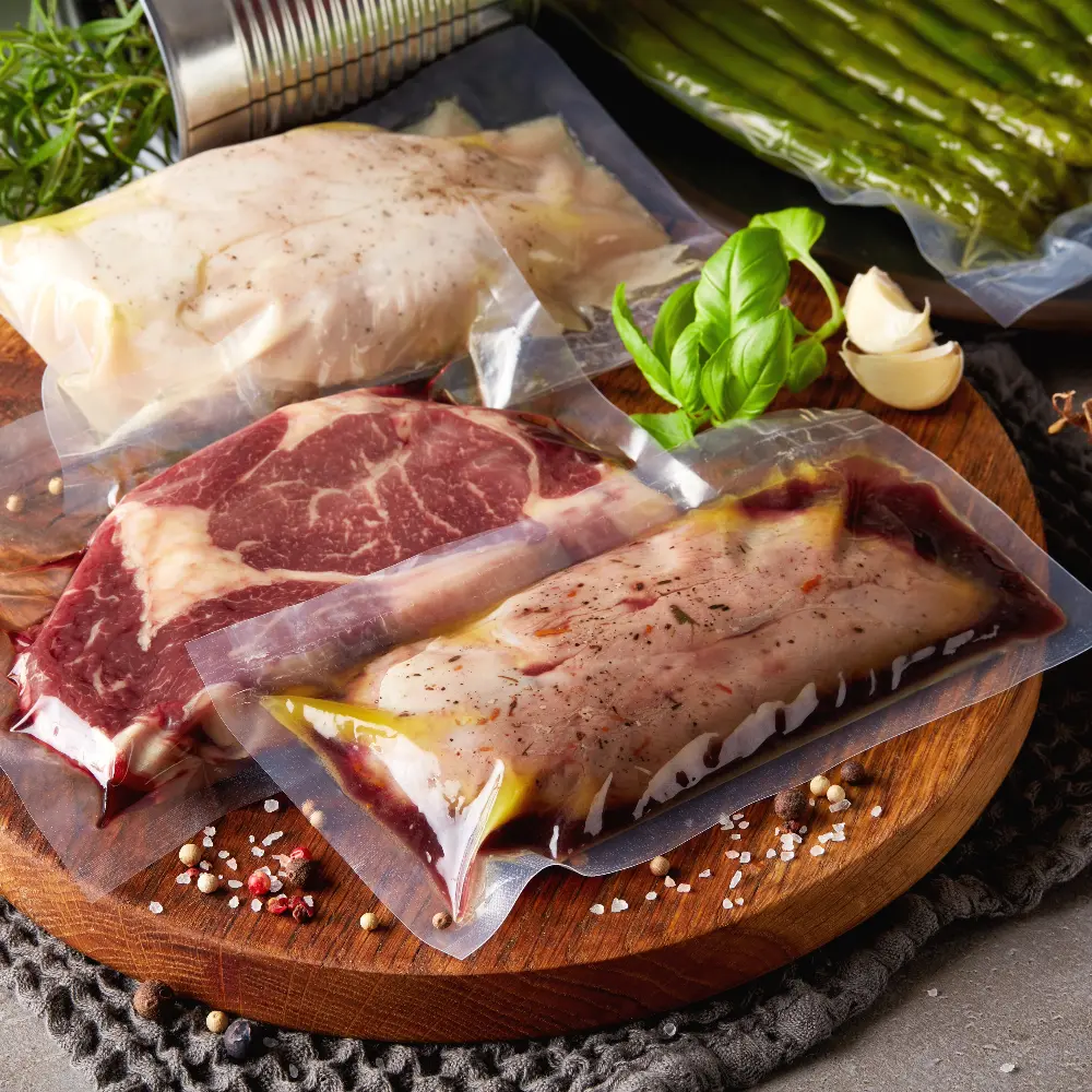Food Vacuum Bags For Meat with Saucer, Featuring Chicken, Beef, and Pork